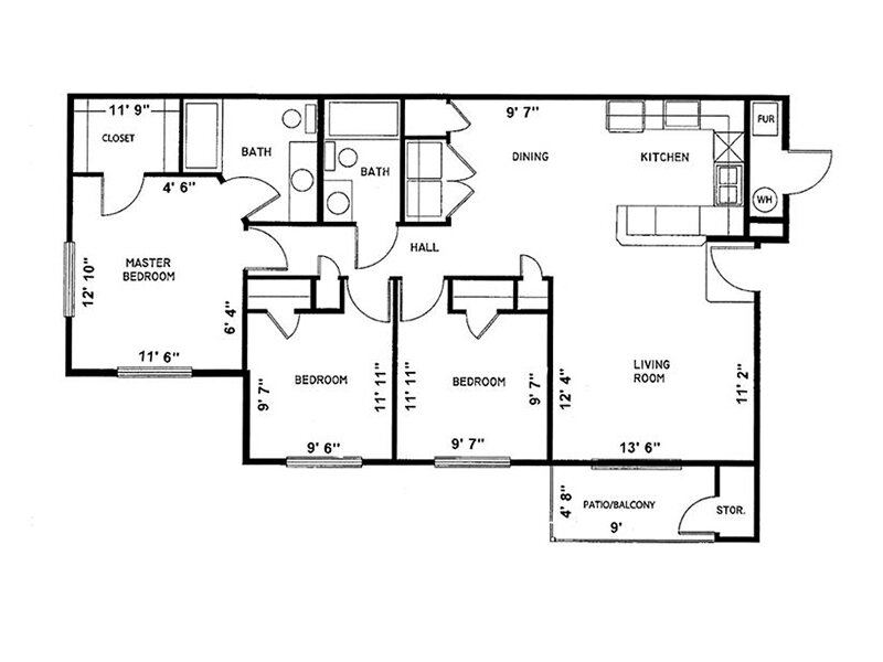 3 Bedroom B Floor Plan at Sundance Apartments WY