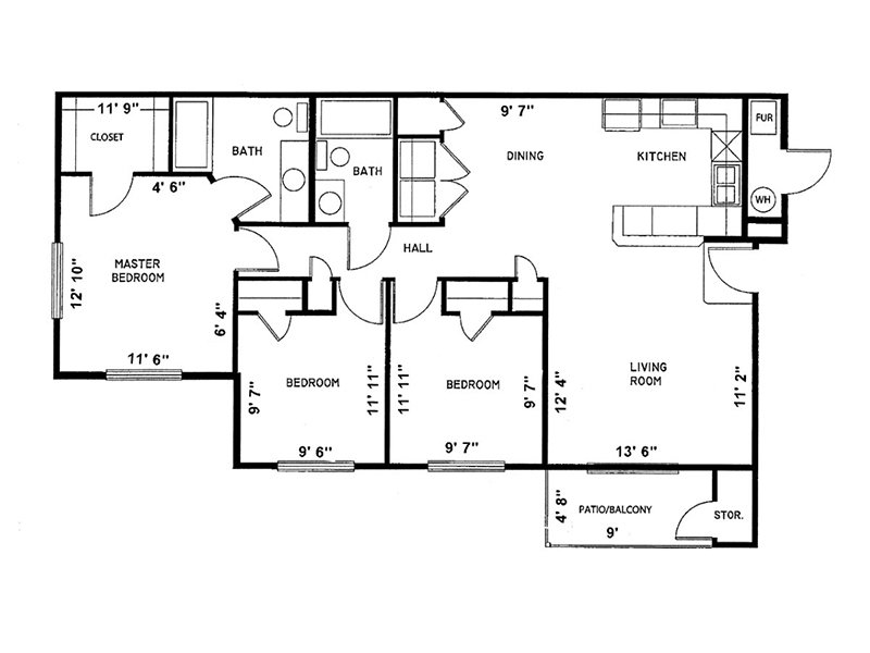 3 Bedroom A Floor Plan at Sundance Apartments Apartments