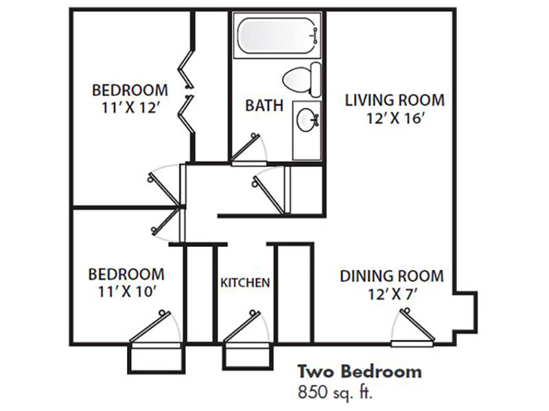 2 Bedroom 1 Bathroom 850 floor plan at Spring Creek Apartments