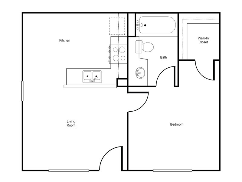 1x1 floor plan at Harmony Court Apartments