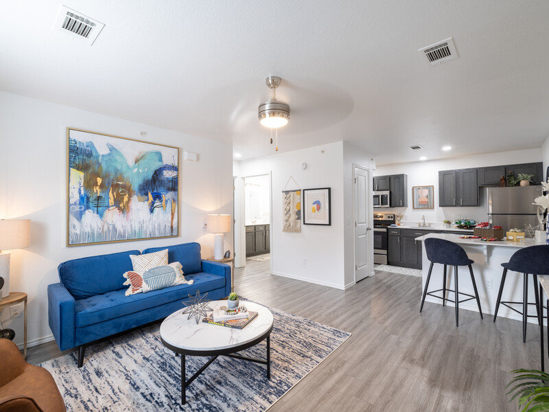 Living Room and Kitchen | Frisco Apartments on Walnut