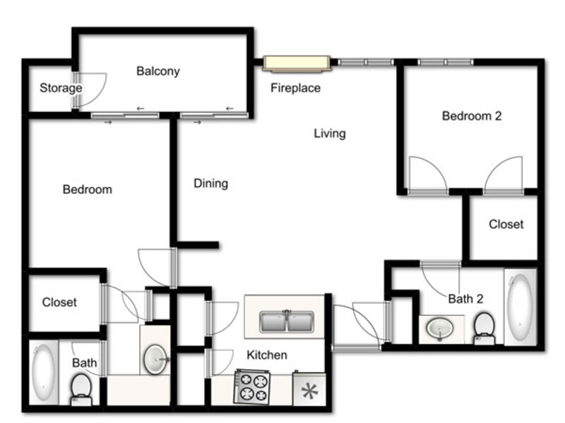 Two Bedroom Two Bath- 965 Sq. Ft.