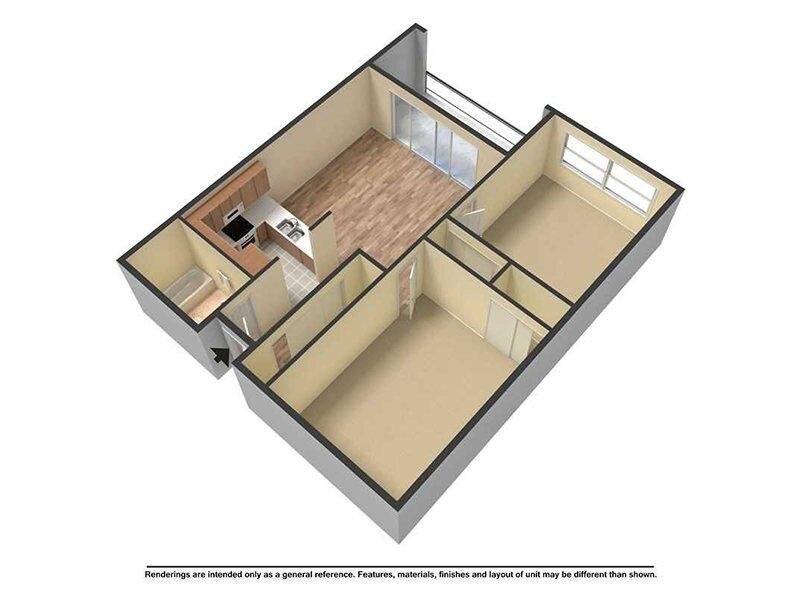 2 Bedroom 1 Bath floor plan at Sunset Terrace Apartments