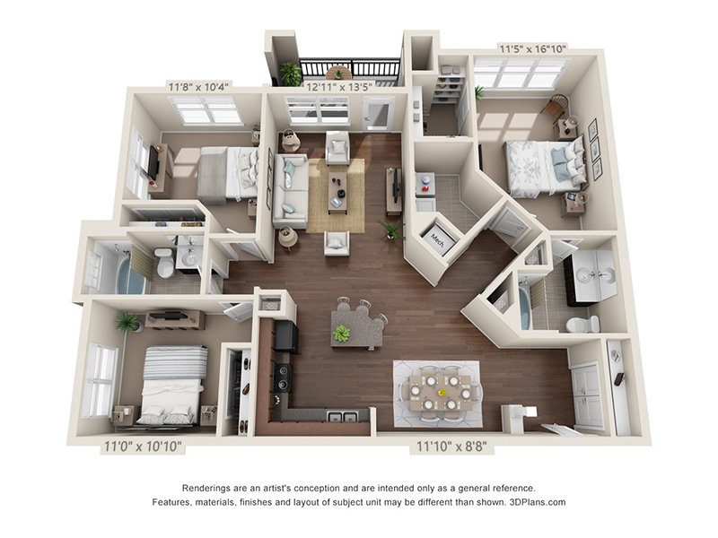 3x2-1410 Floorplan at The Crest at Brier Creek