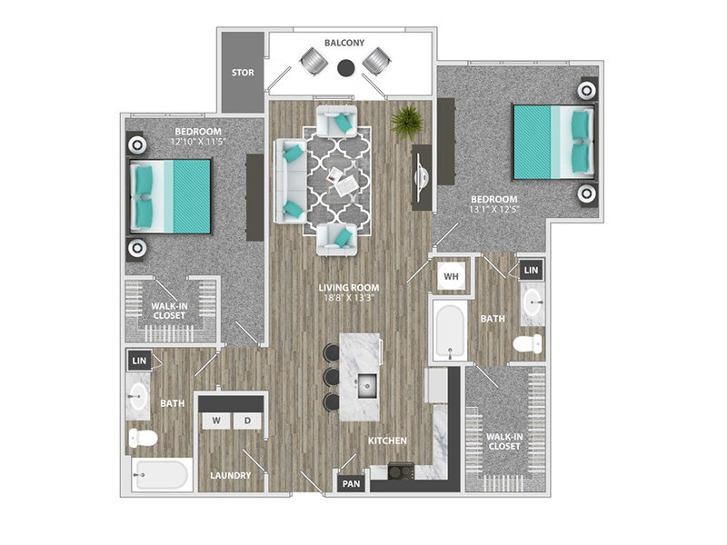 2 Beds, 2 Baths Floorplan at Willows at the University