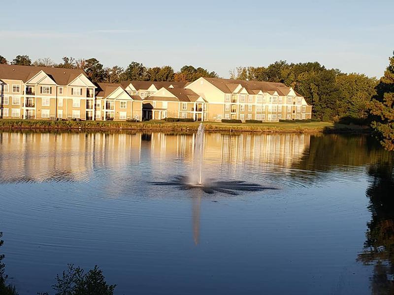 Overlooking the pond towards the community of Bridgewater at Town Center Apartments in Hampton.