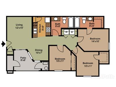 3 Bedroom 2 Bathroom floor plan at eGate Apartments in West Valley City, UT
