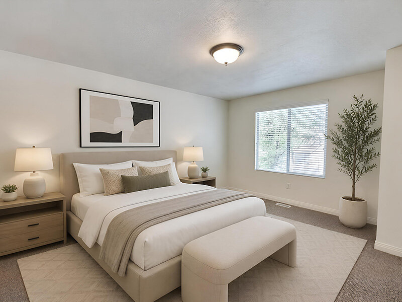 Bedroom with Ceiling Light and Window | Garden View Townhomes