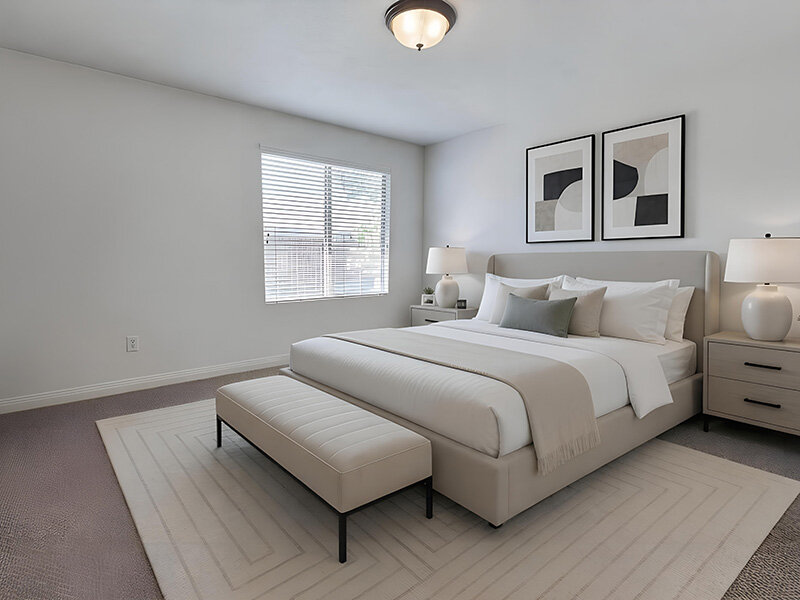 Bedroom with Carpeted Flooring and Window | Garden View Townhomes