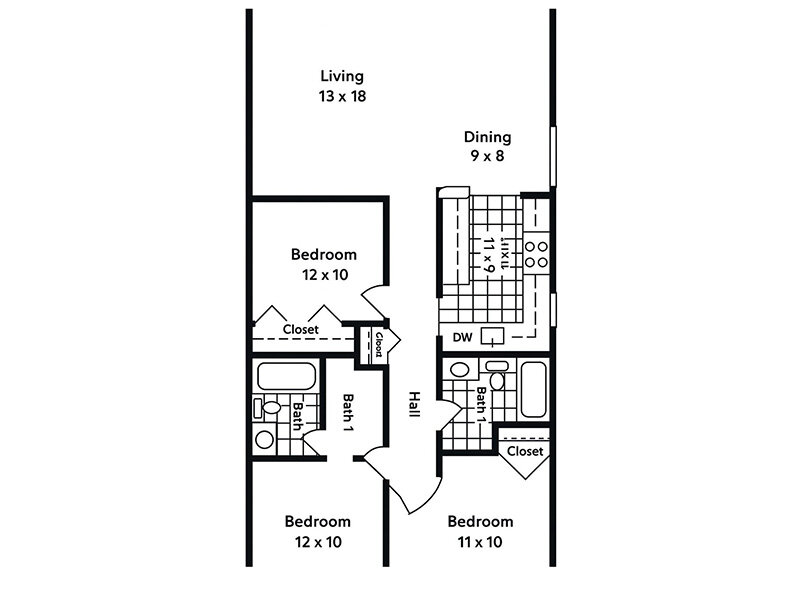 Our 3x2 L is a 3 Bedroom, 2 Bathroom Apartment