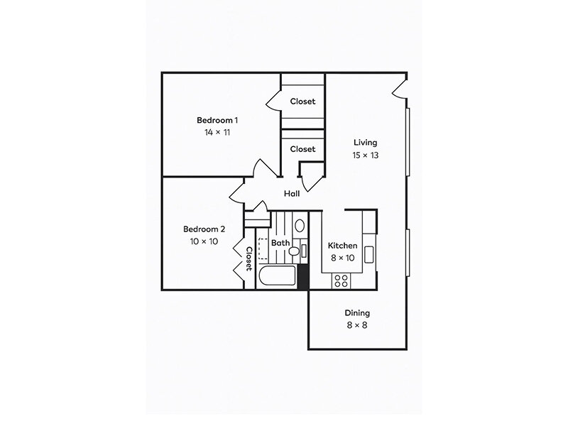 Our 2x1 L is a 2 Bedroom, 1 Bathroom Apartment