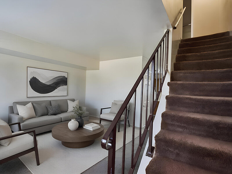 Living Room with Staircase and Carpeted Flooring | Kaysville Country Townhomes