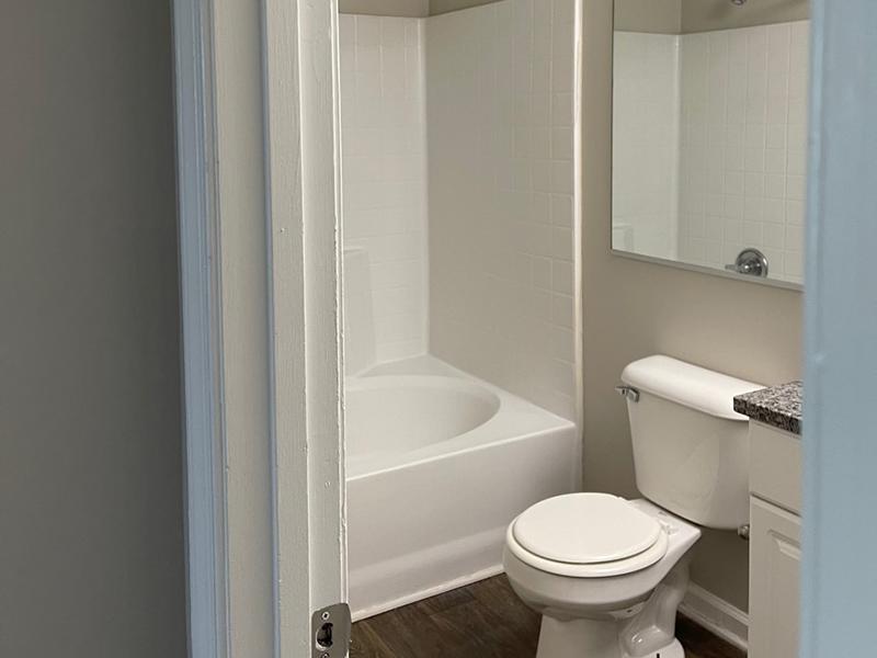 A toilet and tub shower in an apartment in Hampton, VA.