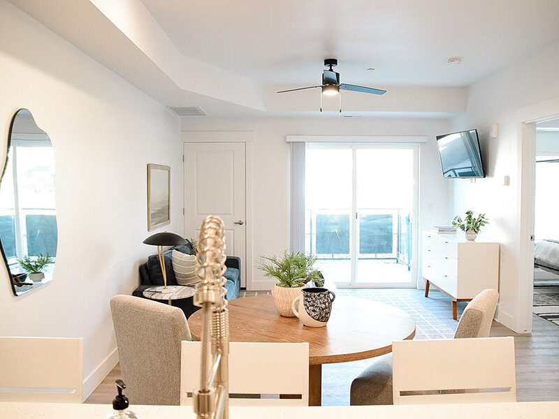 Dining Area and Living Room with Ceiling Fan | Park Place Living