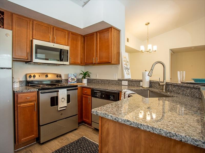 Model kitchen with stainless steel appliances and wood-style floors in each Brendon, Fl rental apartment