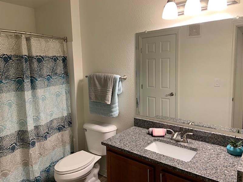 Model bathroom with tub shower, toilet and vanity sink at Providence Lakes apartments.