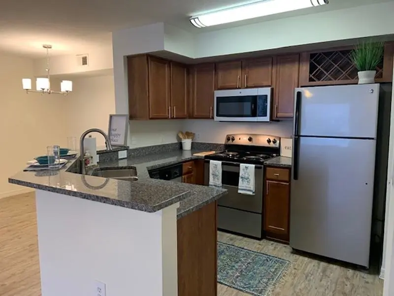 Stainless Steel appliances and wood style flooring in the kitchens at Providence Lakes Apartments.