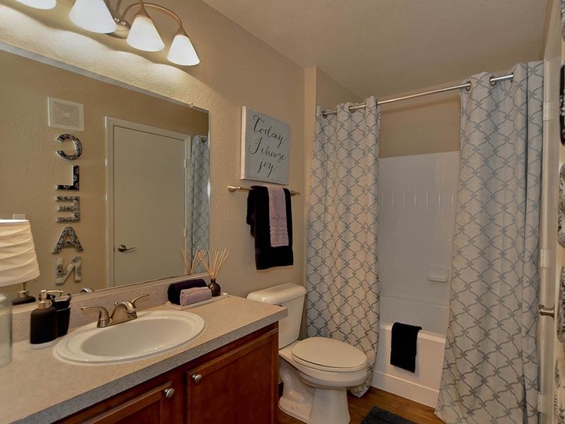 Apartment bathroom with a tub shower, toilet and vanity sink.