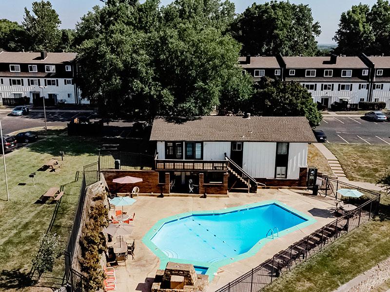 Aerial View of Pool | Riverside Heights Apartments in Riverside, MO