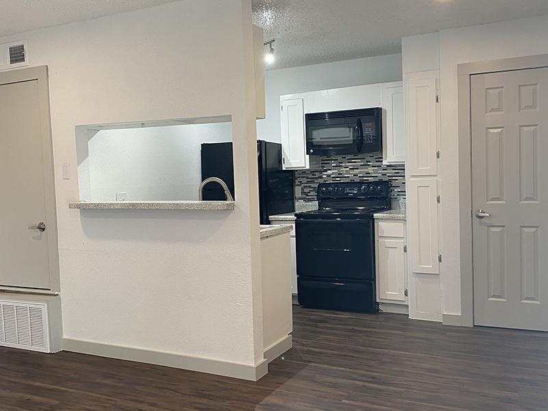 Kitchen and Living Room | SkyVue Apartments in San Antonio, TX
