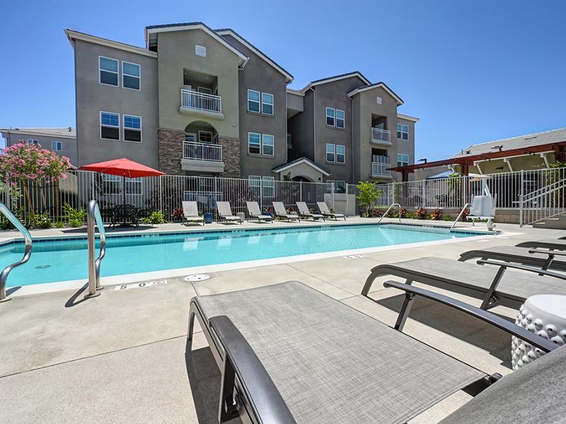 Poolside Lounge Chairs | Vela Apartments in Santee, CA