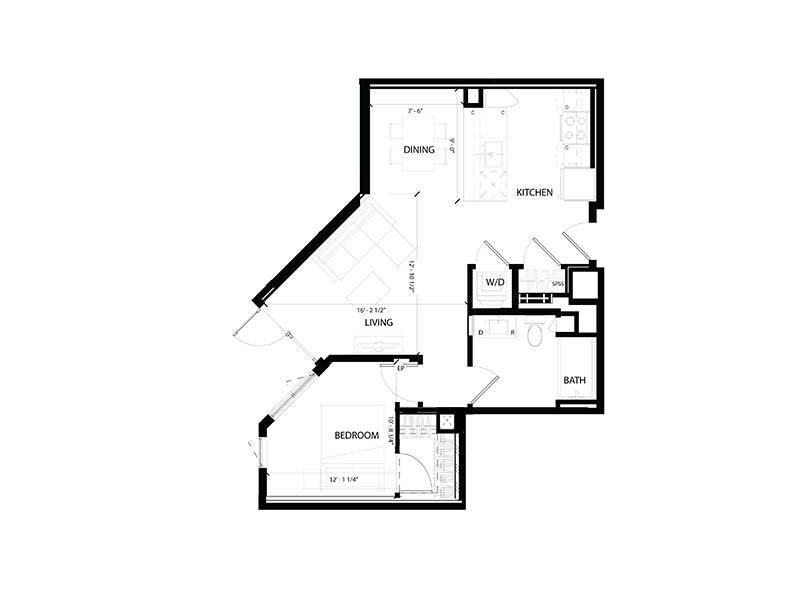 1 Bedroom B Floorplan at Volta on Pine